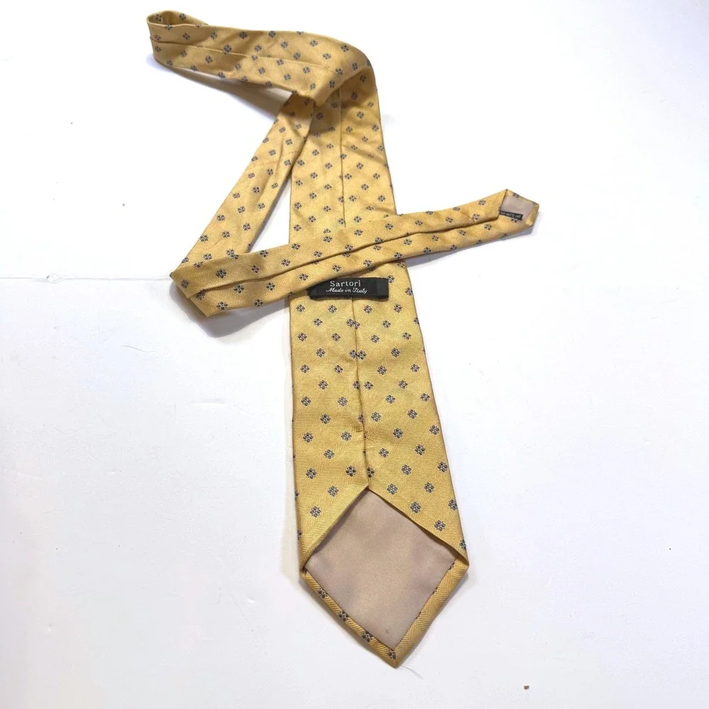 Sartori Made in Italy Gold Silk Herringbone Geometric Floral Mens Tie